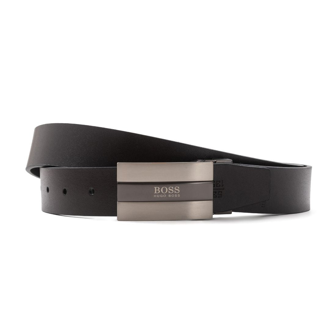 HUGO BOSS Reversible Leather Belt with Two Buckles – Black/Brown