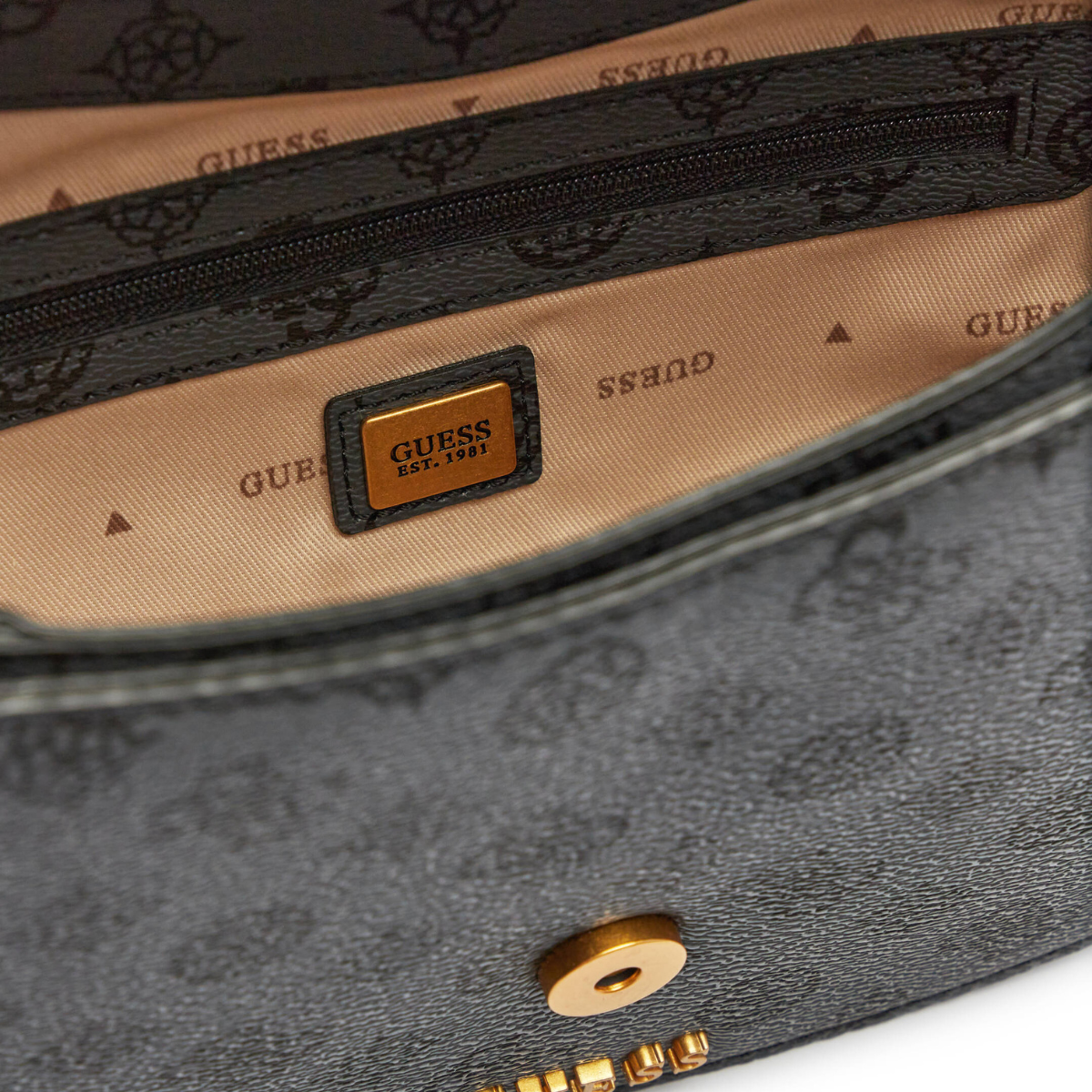 GUESS Kuba Tri Compartment Flap Shoulder Bag Charcoal Logo Charcoal Logo -COOL - Coal