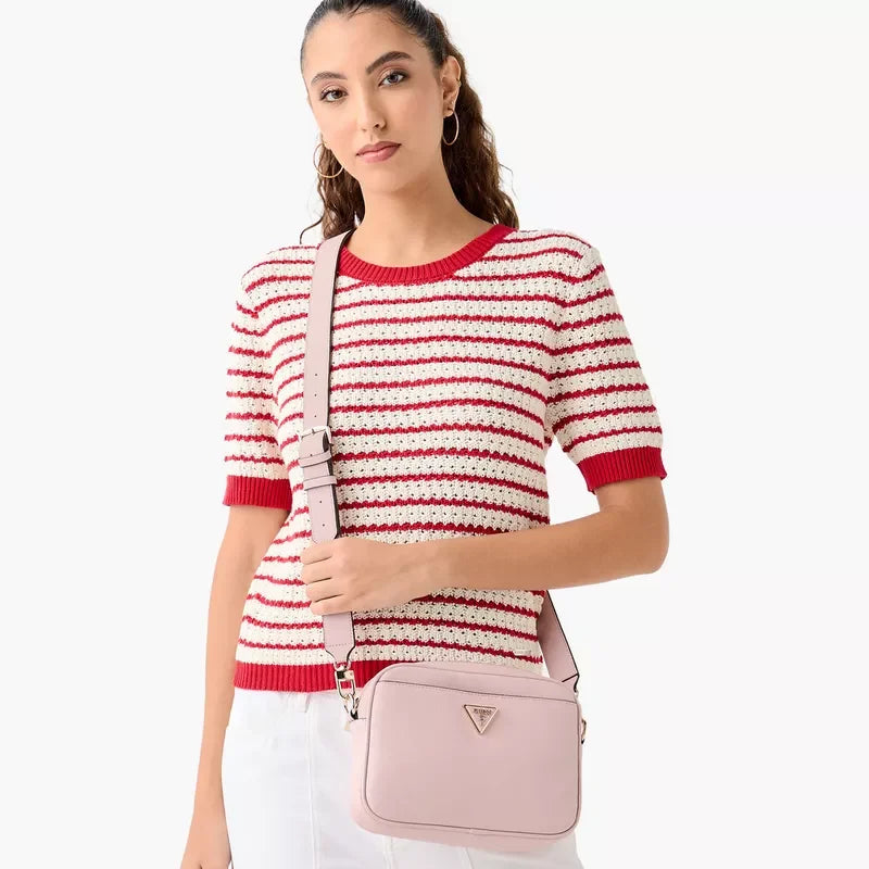 Guess Meridian Textured Crossbody Bag with Zip Closure and Detachable Strap - Pink