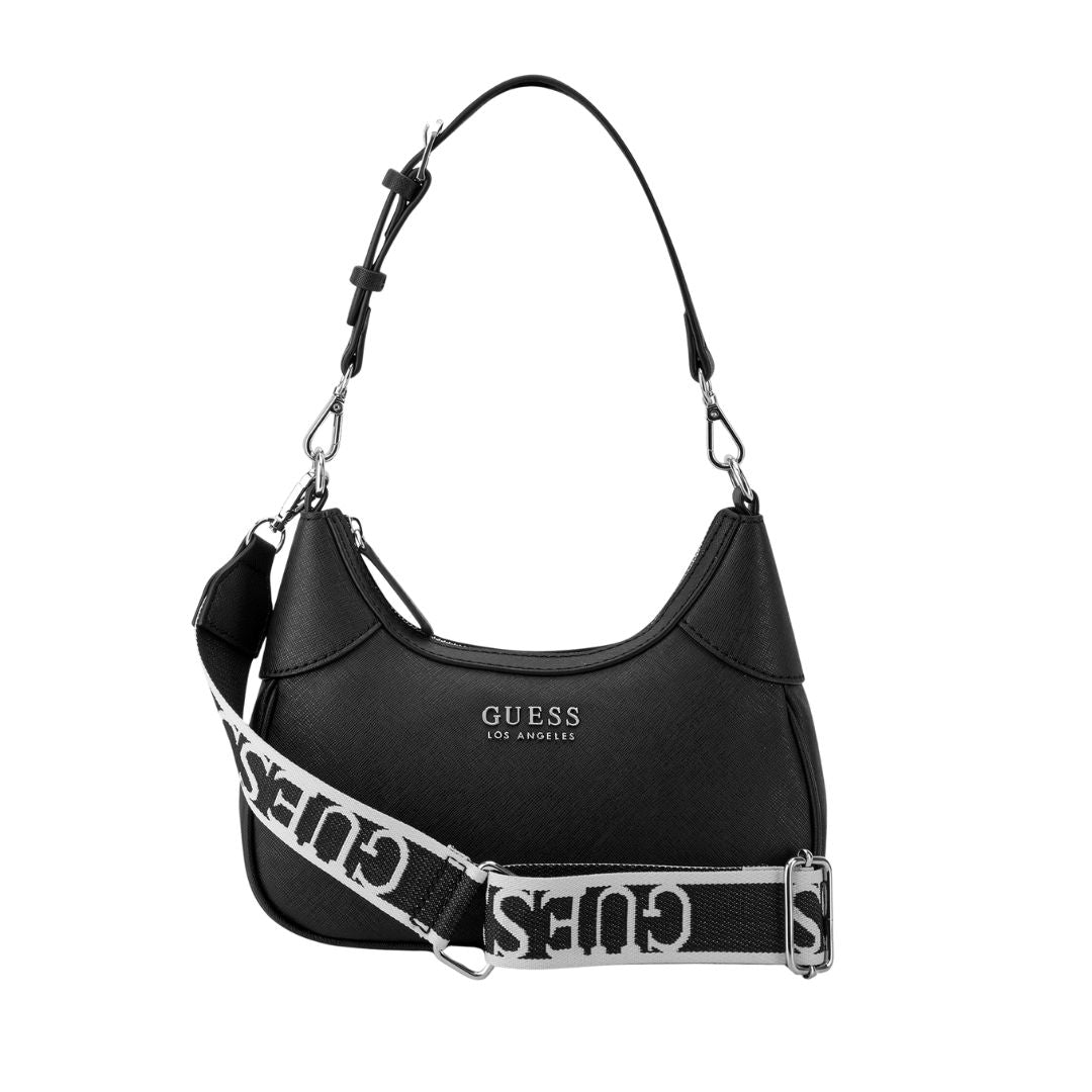 GUESS Berkton Monogram Print Shoulder Bag with Zip Closure - BLK
