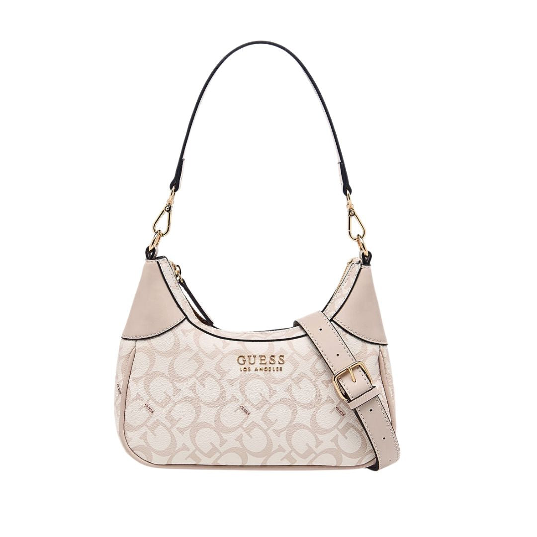 GUESS Berkton Monogram Print Shoulder Bag with Zip Closure - BEG