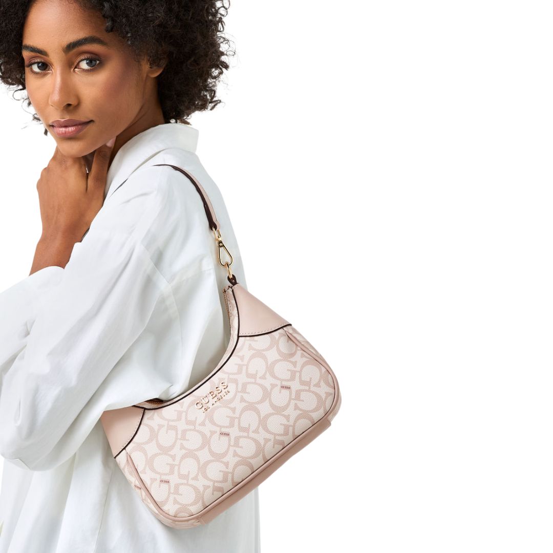 GUESS Berkton Monogram Print Shoulder Bag with Zip Closure - BEG