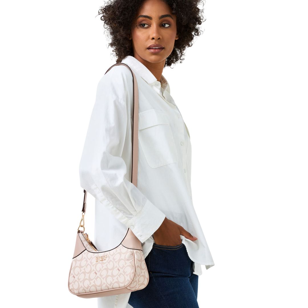 GUESS Berkton Monogram Print Shoulder Bag with Zip Closure - BEG