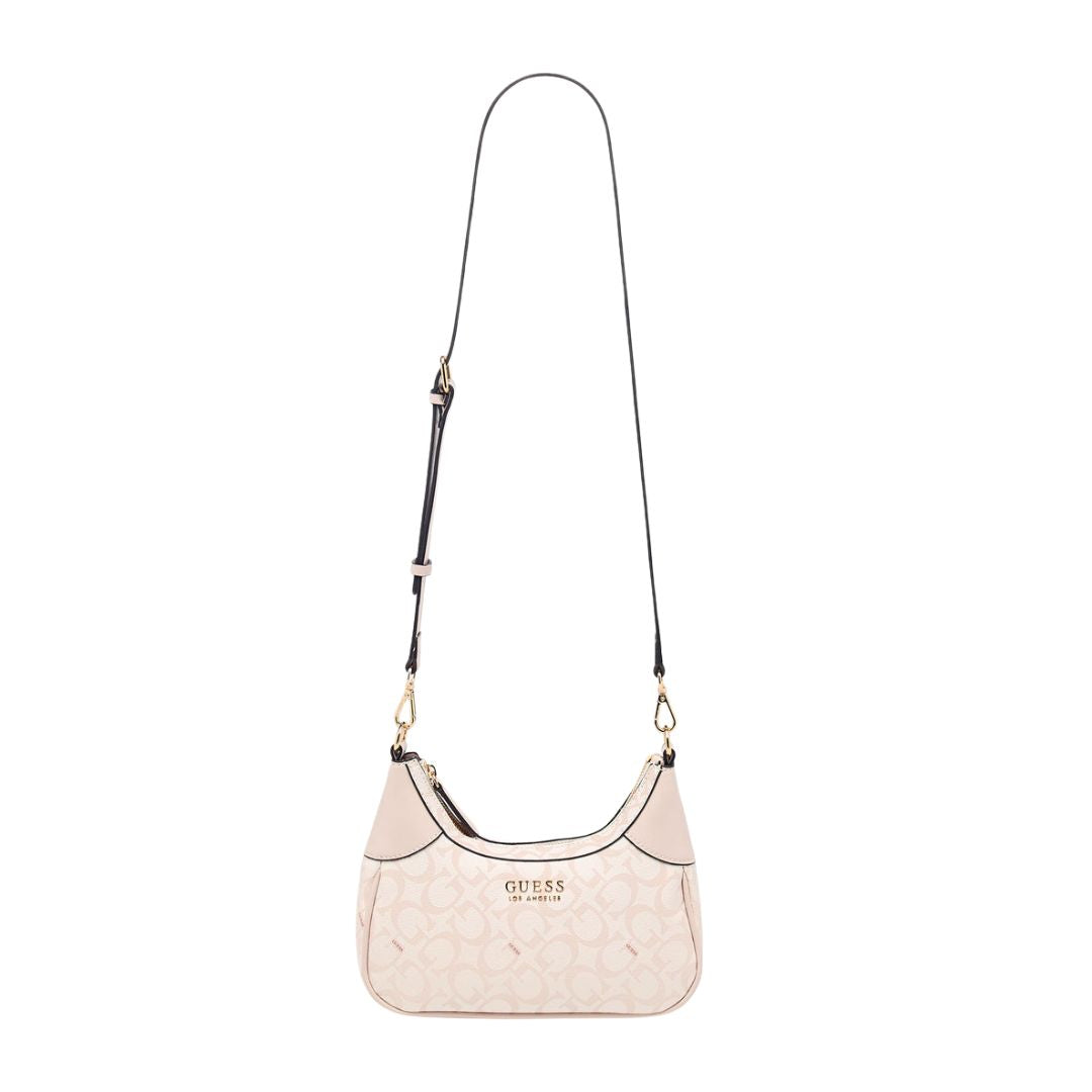GUESS Berkton Monogram Print Shoulder Bag with Zip Closure - BEG