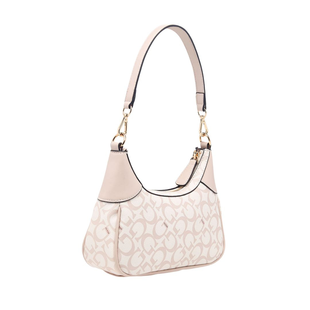 GUESS Berkton Monogram Print Shoulder Bag with Zip Closure - BEG