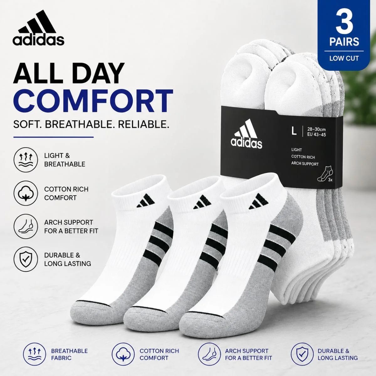 Adidas 3 Pairs Cushioned Sportswear Low-Cut Socks - White / 3 Pairs / L