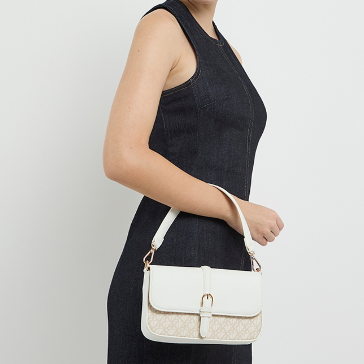Anne Klein Monogram Patterned Flap Crossbody Bag Women - WHTBEG - White-Beige