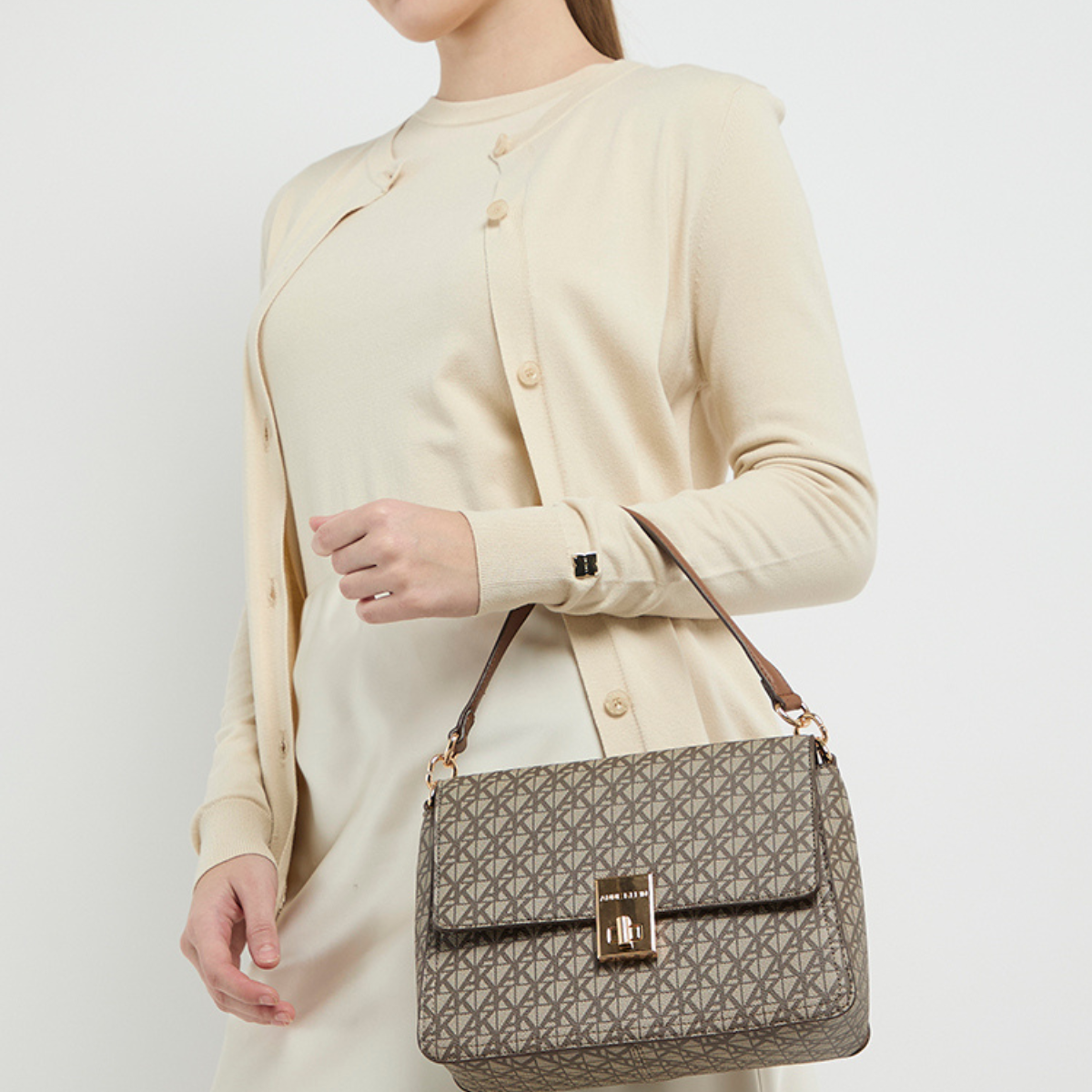 Anne Klein Monogram Patterned Flap Shoulder Bag Women - BRN - Brown