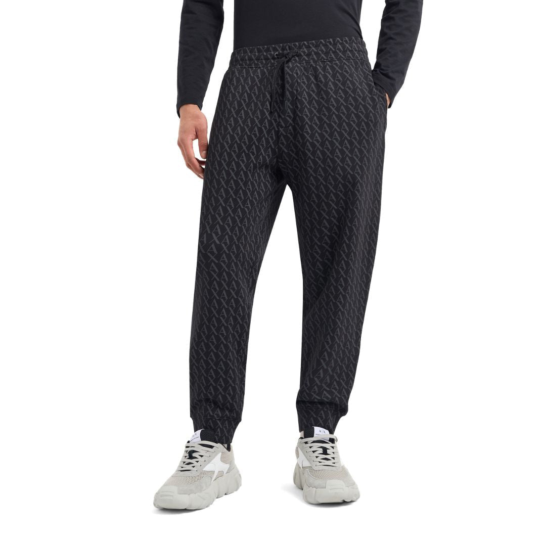 Armani Exchange All Over Logo Essentials Regular Fit Black Print Trousers Men - BLK