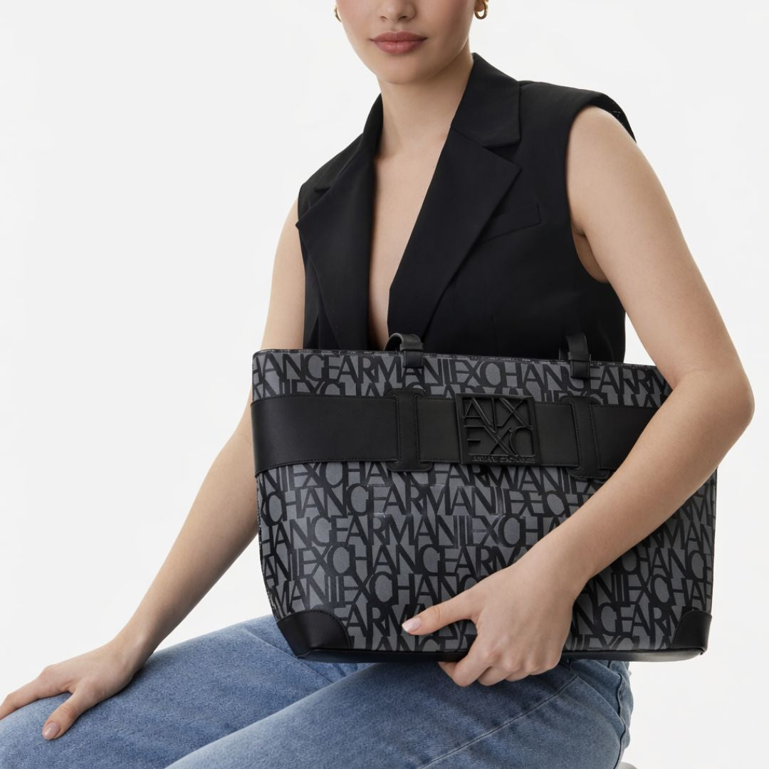 ARMANI EXCHANGE Natural Fabric Monogram Tote Bag - GRYBLK - Gray-Black