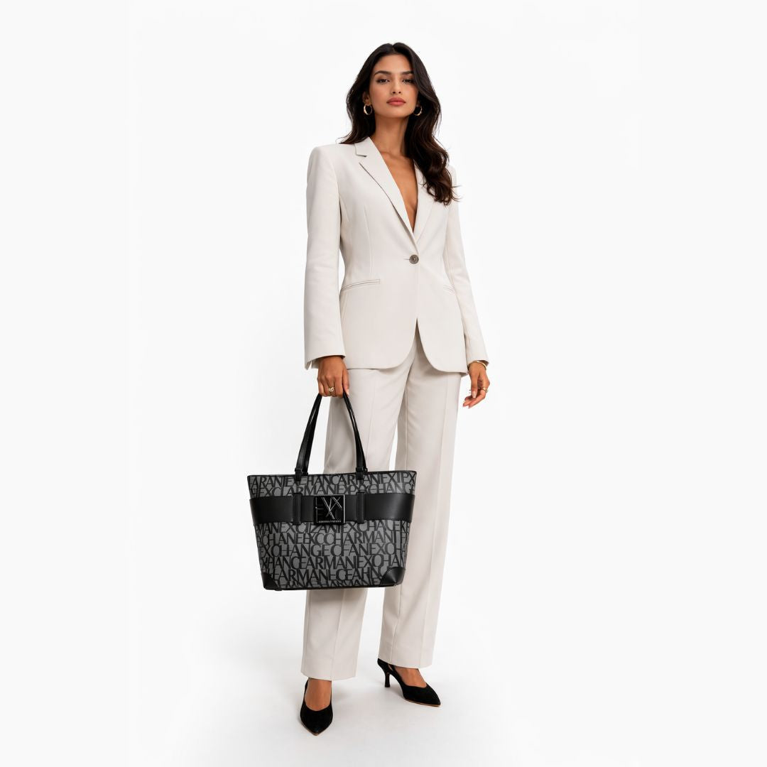 ARMANI EXCHANGE Natural Fabric Monogram Tote Bag - GRYBLK - Gray-Black