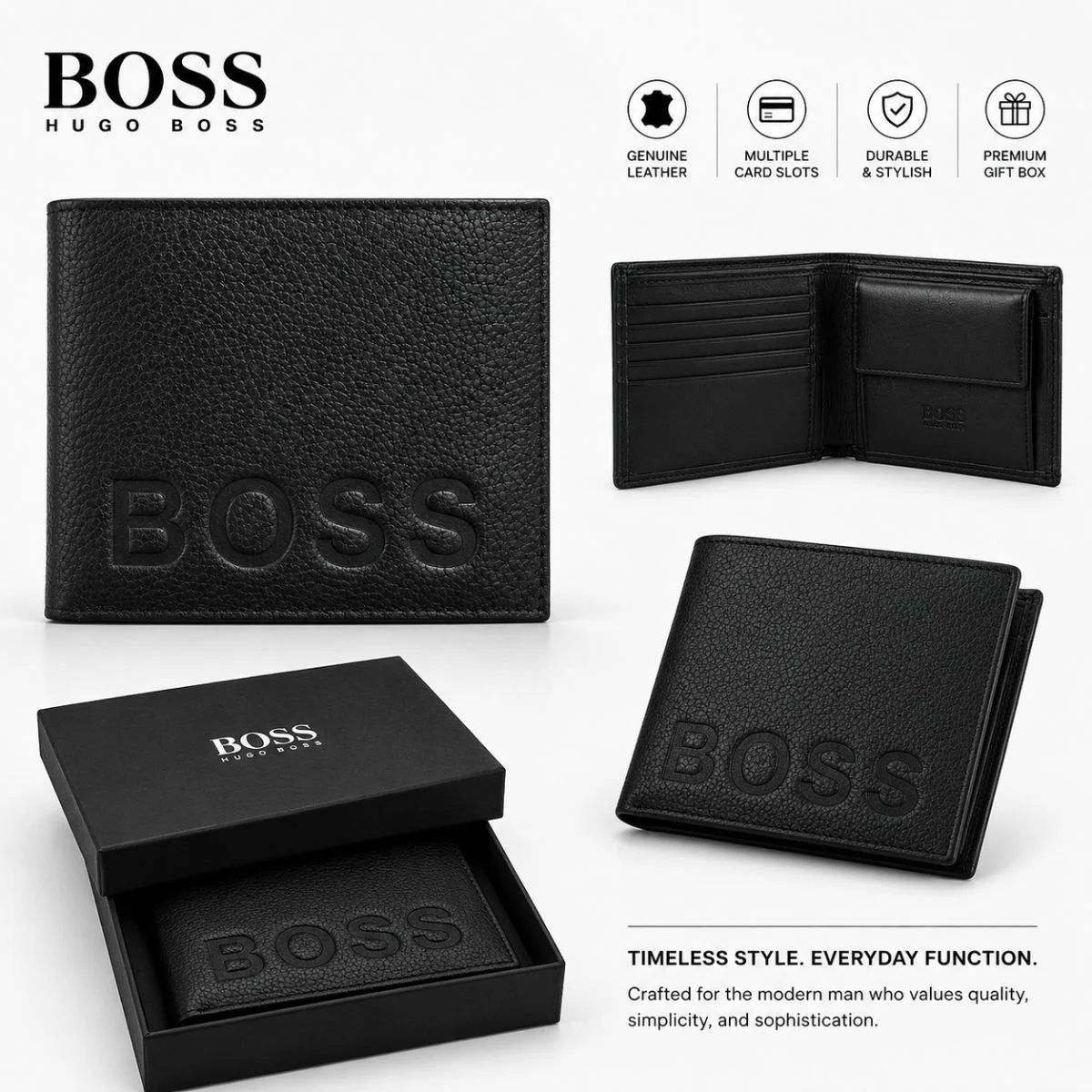 BOSS Bi-Fold Leather Wallet Men - BLK - Black
