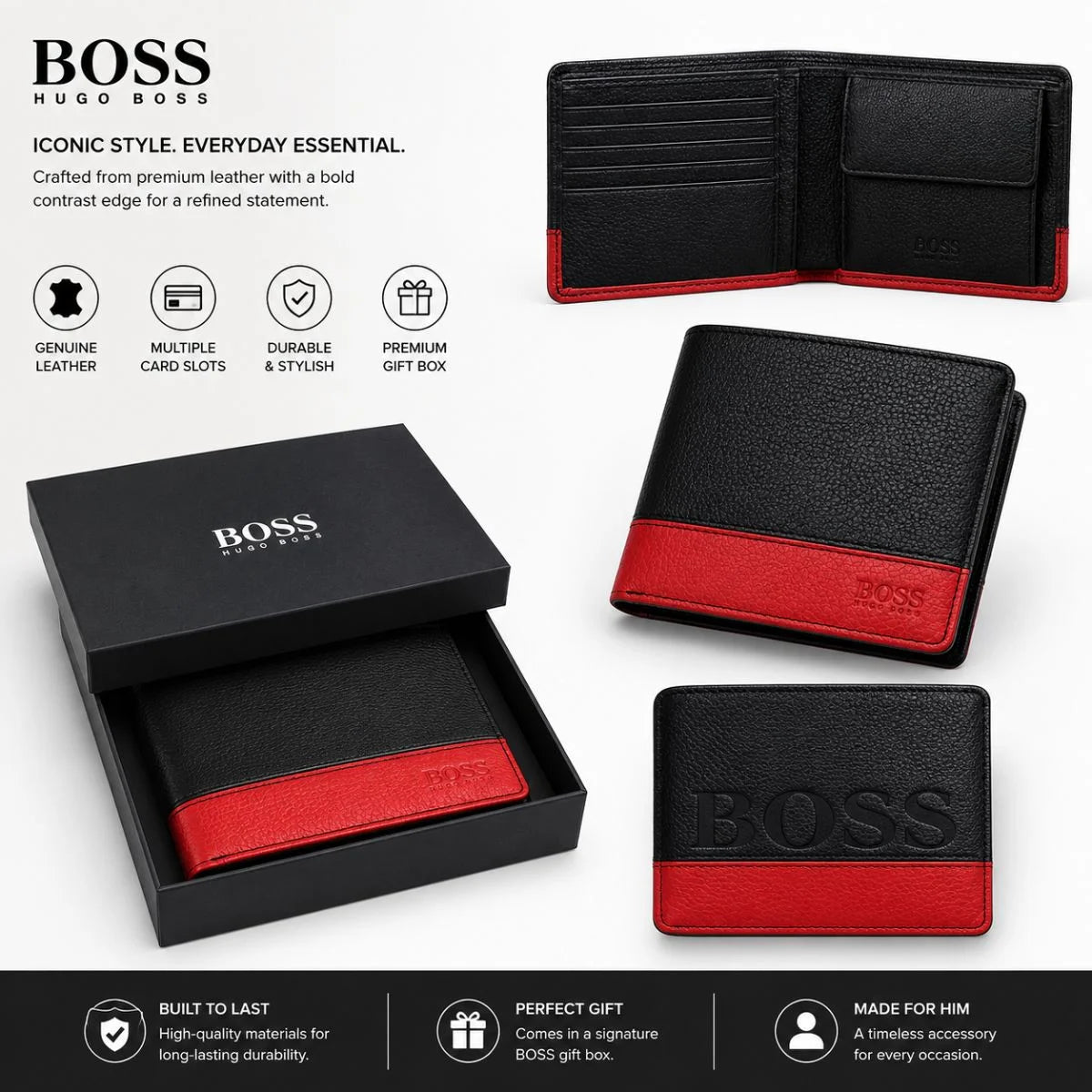 BOSS Bi-Fold Leather Wallet Men - BLKRED - Black