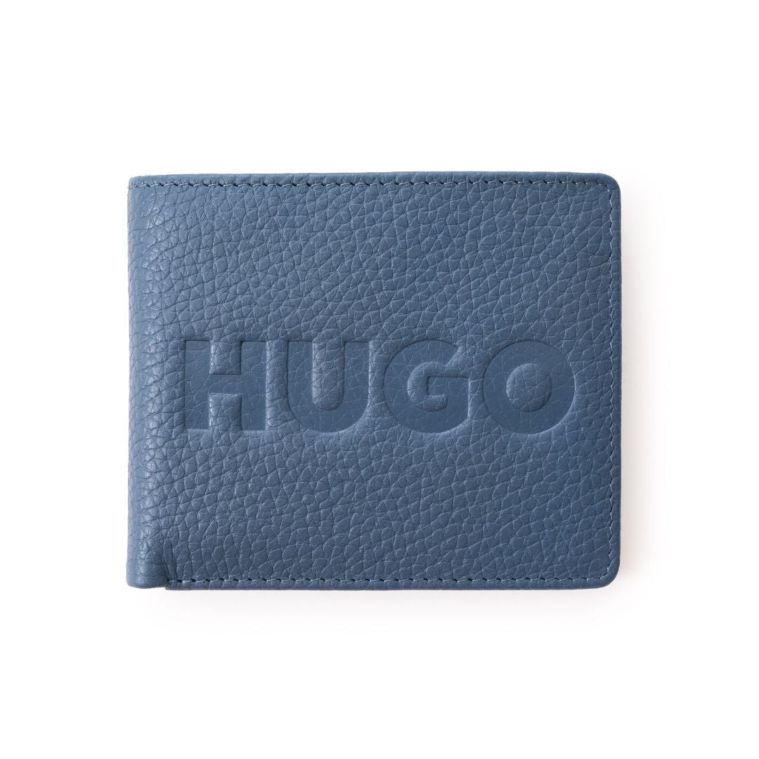 BOSS Grained Leather Embossed logo Bi-Fold Wallet - BLU - Blue