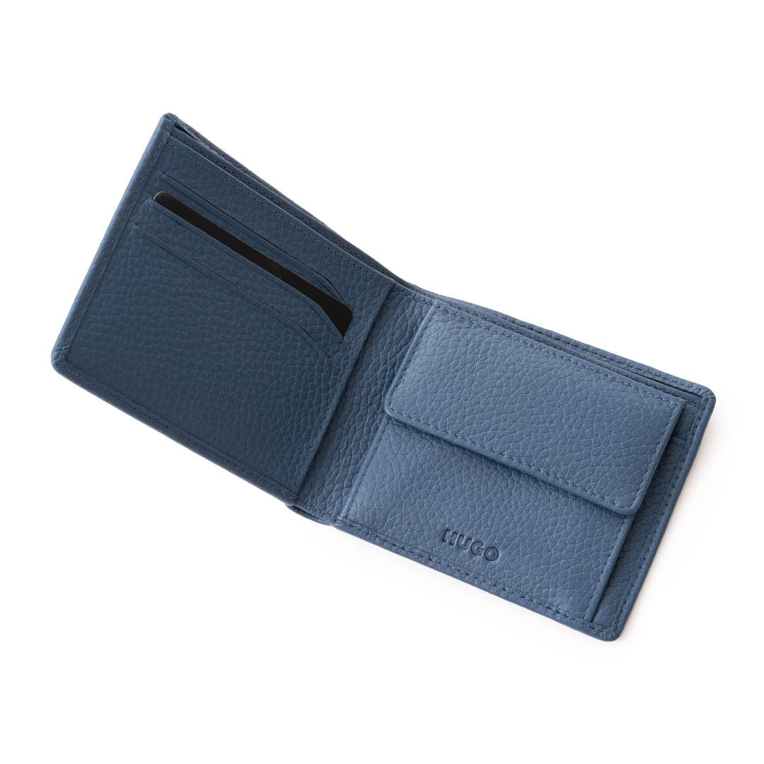 BOSS Grained Leather Embossed logo Bi-Fold Wallet - BLU - Blue