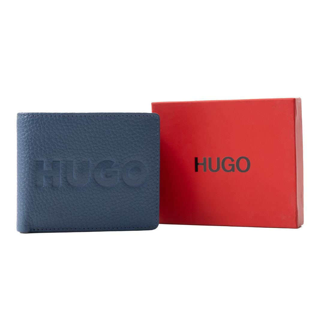 BOSS Grained Leather Embossed logo Bi-Fold Wallet - BLU - Blue