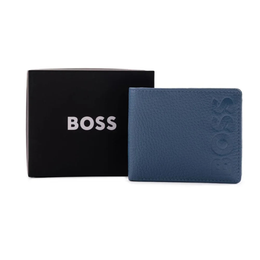 BOSS Grained Leather Embossed logo Bi-Fold Wallet - BLU - Blue