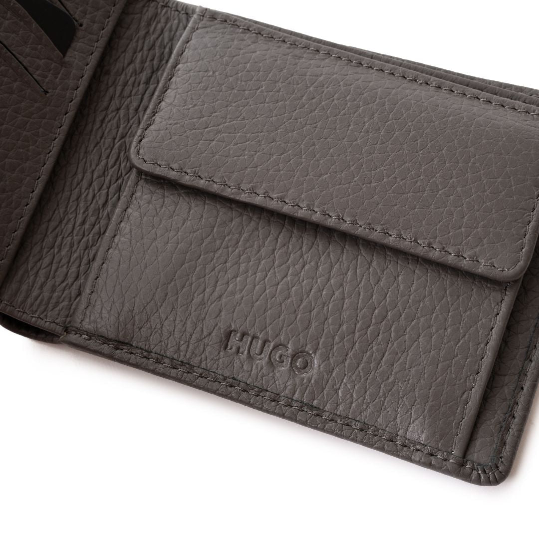 BOSS Grained Leather Embossed logo Bi-Fold Wallet - GRY - Gray