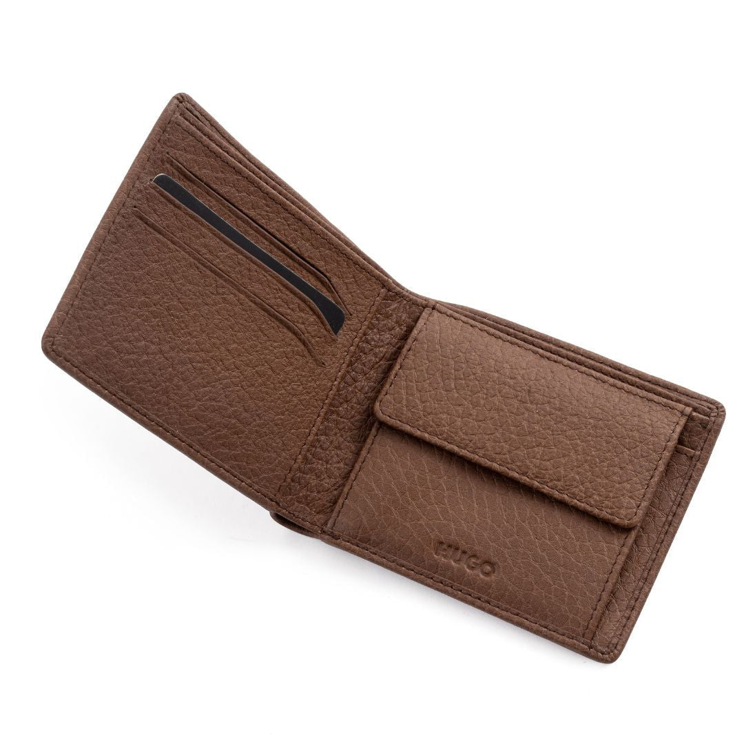 BOSS Grained Leather Embossed logo Bi-Fold Wallet - LBRN - Light Brown