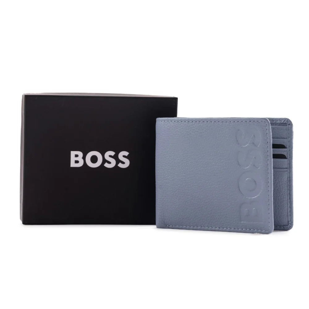 BOSS Grained Leather Embossed logo Bi-Fold Wallet - SKY - Sky Blue