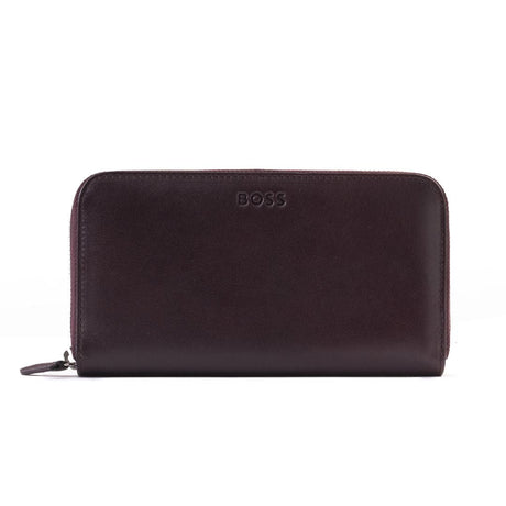 BOSS Leather Zip-Up Wallet with Logo - Fossil Plum