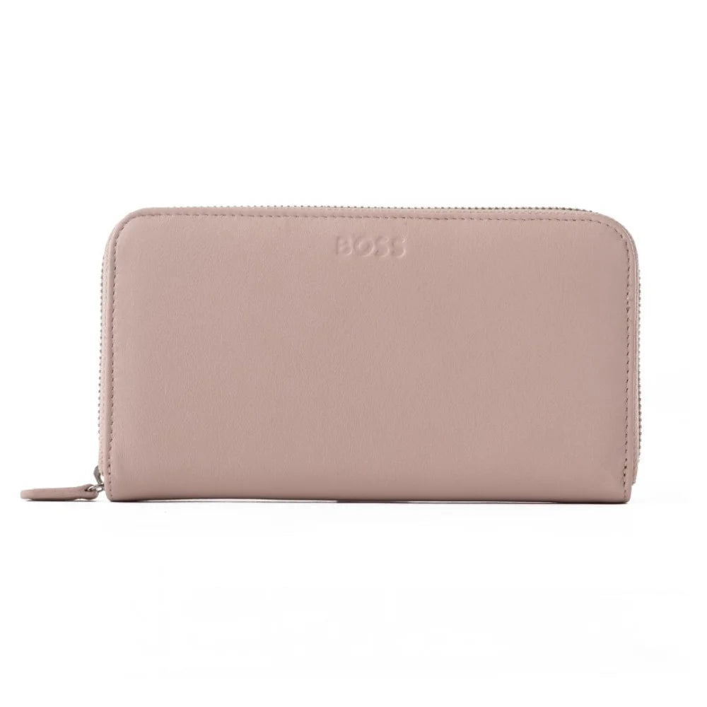 BOSS Leather Zip-Up Wallet with Logo - King Nappa Nude