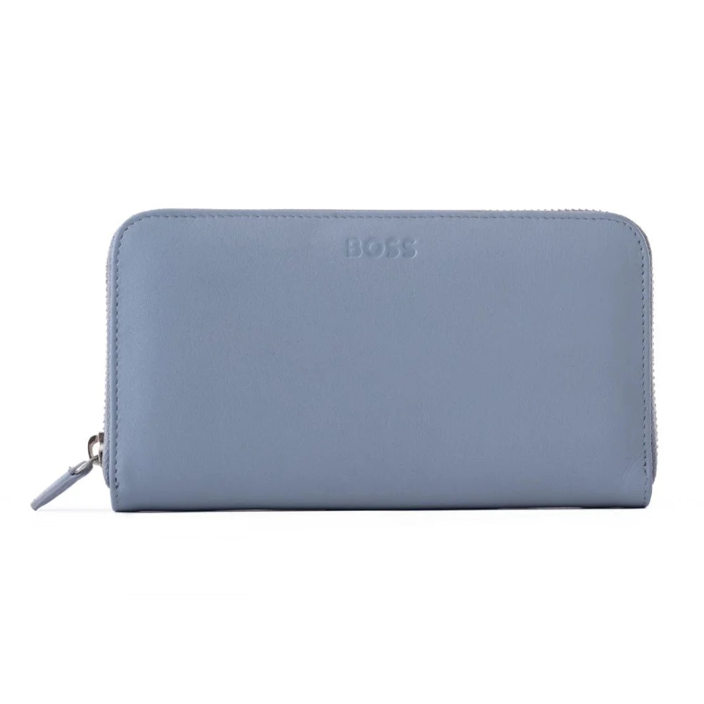 BOSS Leather Zip-Up Wallet with Logo - Rakhi Blue Bell