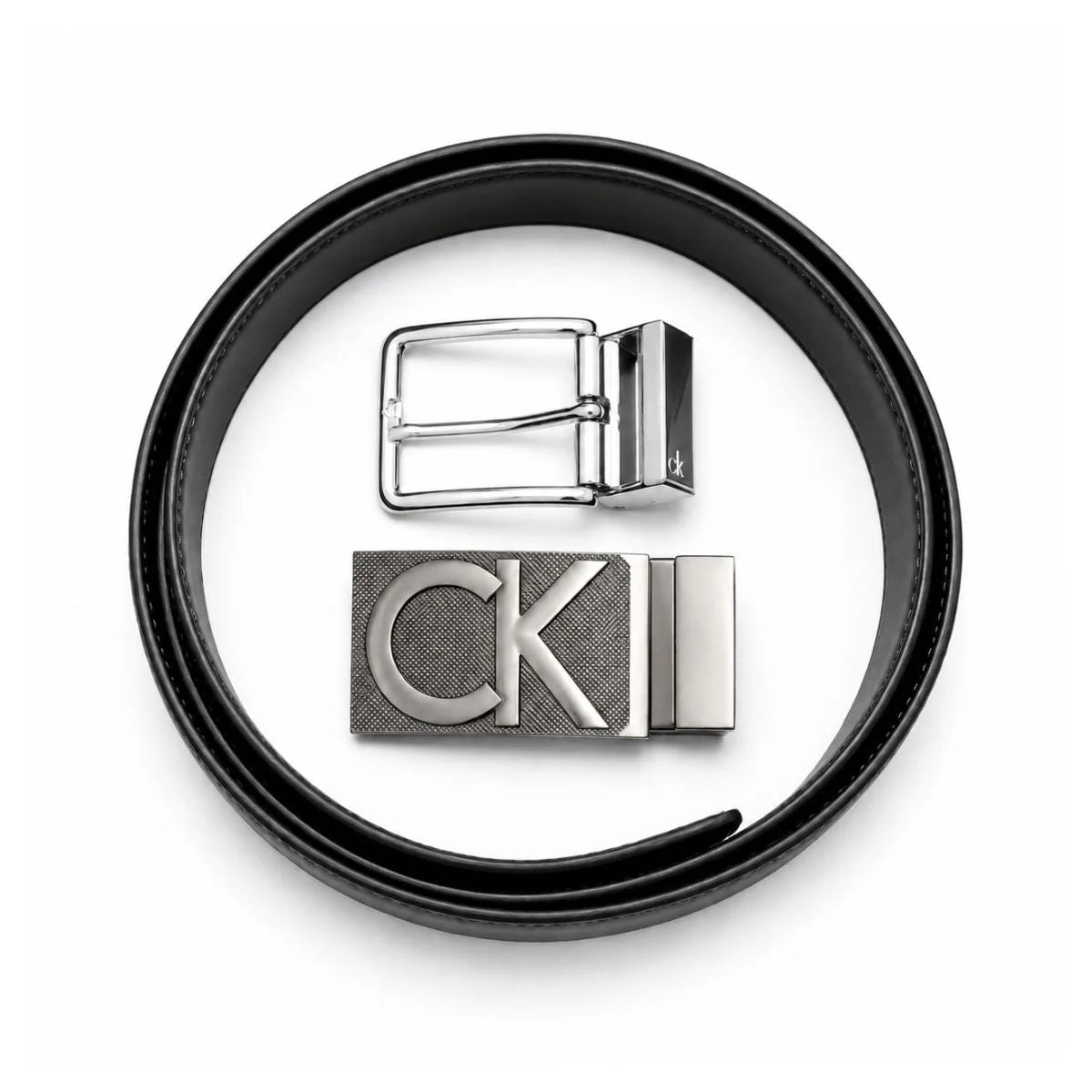 Calvin Klein 2 Buckles Double Face Leather Belt Men - BLKBRN