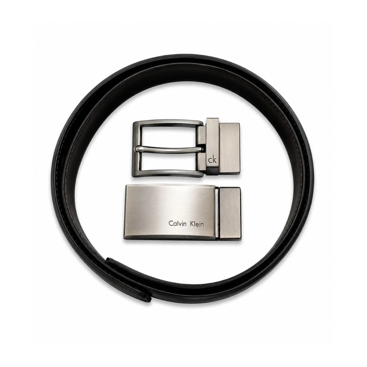 Calvin Klein 2 Buckles Double Face Leather Belt Men - BLKBRN