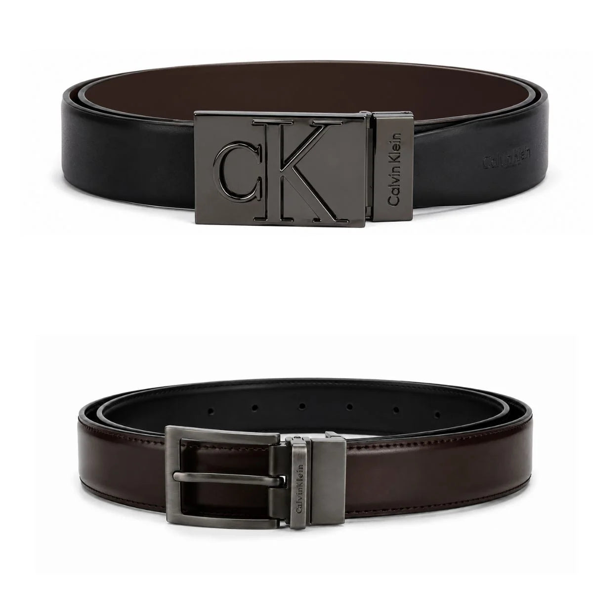 Calvin Klein 2 Buckles Double Face Leather Belt Men - BLKBRN