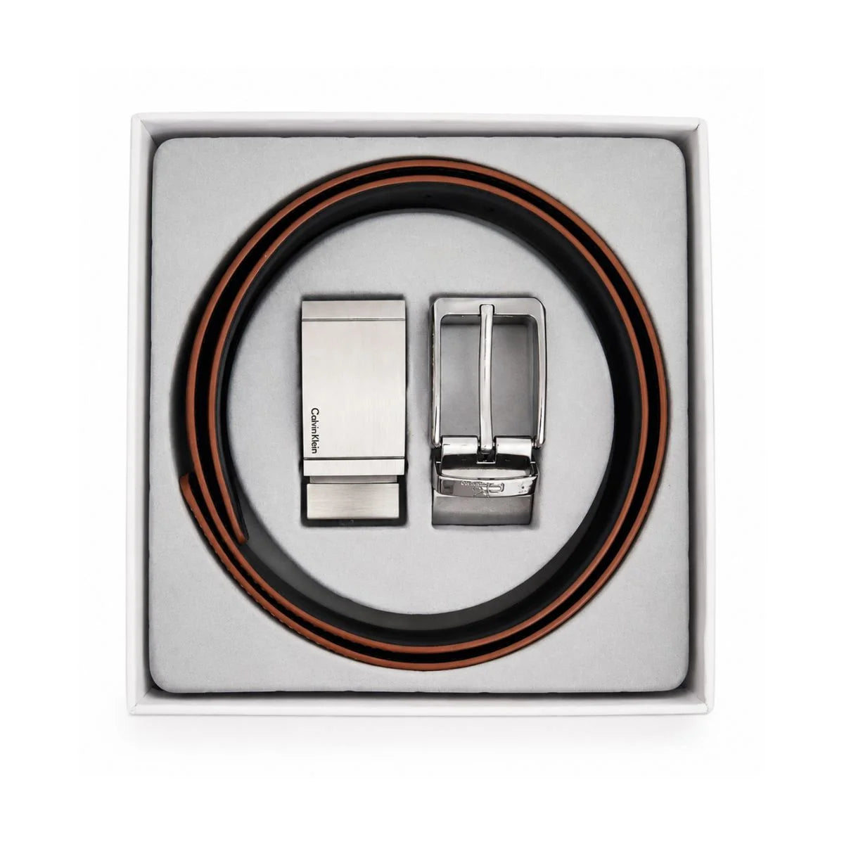 Calvin Klein 2 Buckles Double Face Leather Belt Men - BLKBRN
