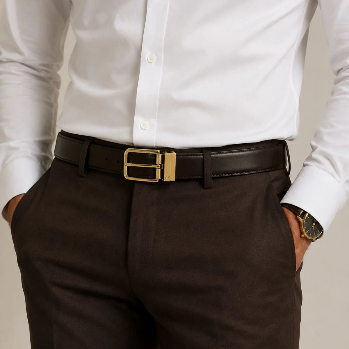 Calvin Klein 2 Buckles Double Face Leather Belt Men - BLKBRN
