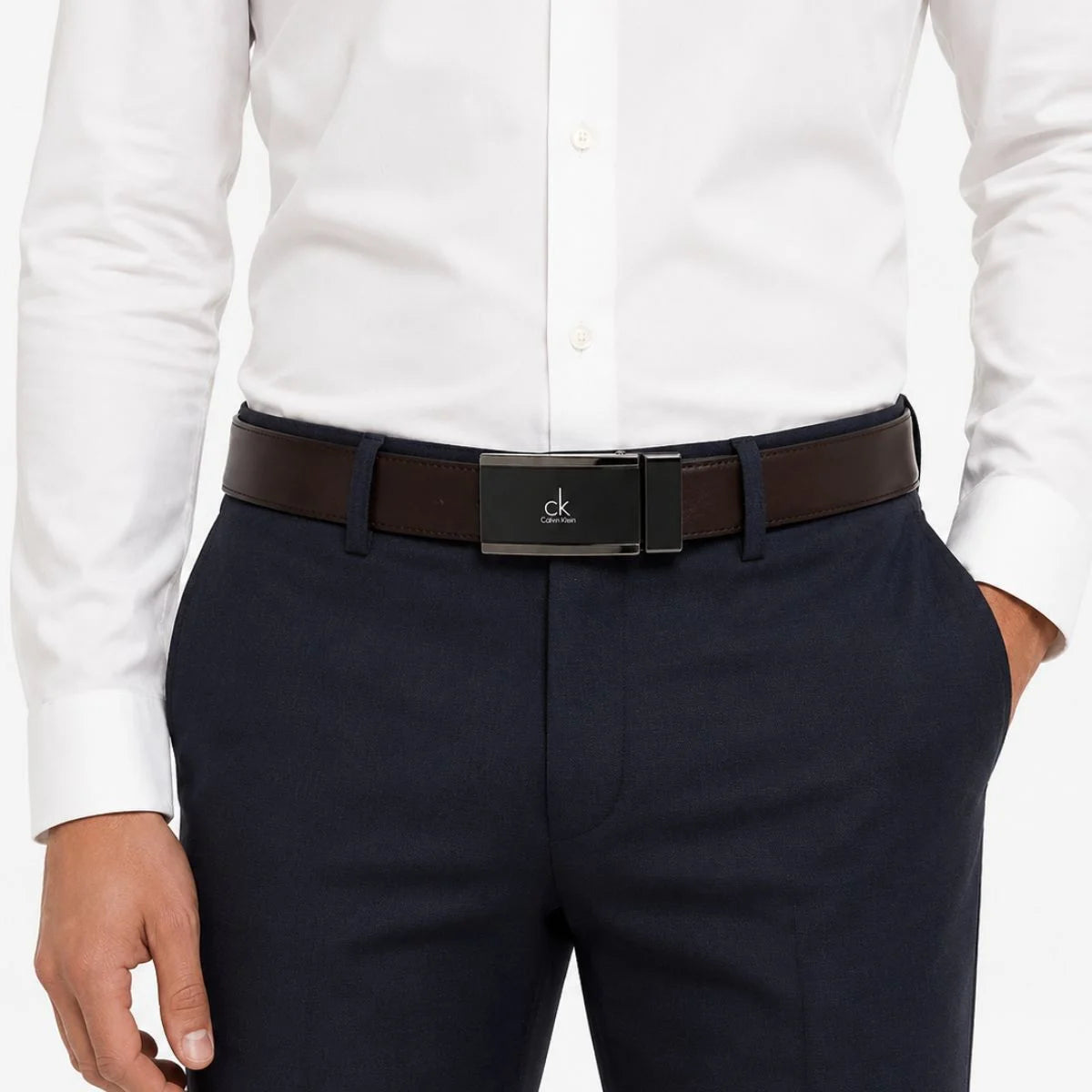 Calvin Klein 2 Buckles Double Face Leather Belt Men - BLKBRN