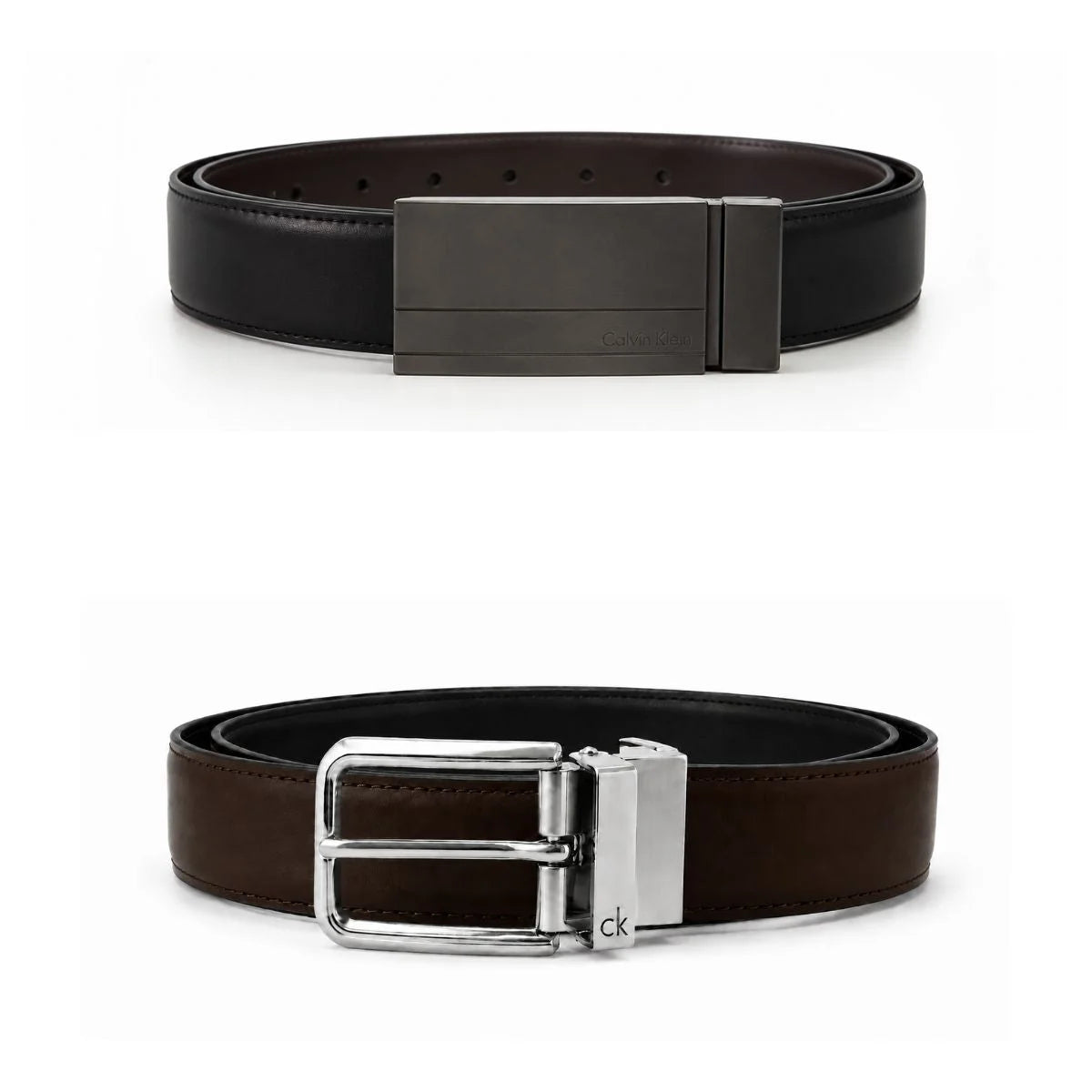 Calvin Klein 2 Buckles Double Face Leather Belt Men - BLKBRN