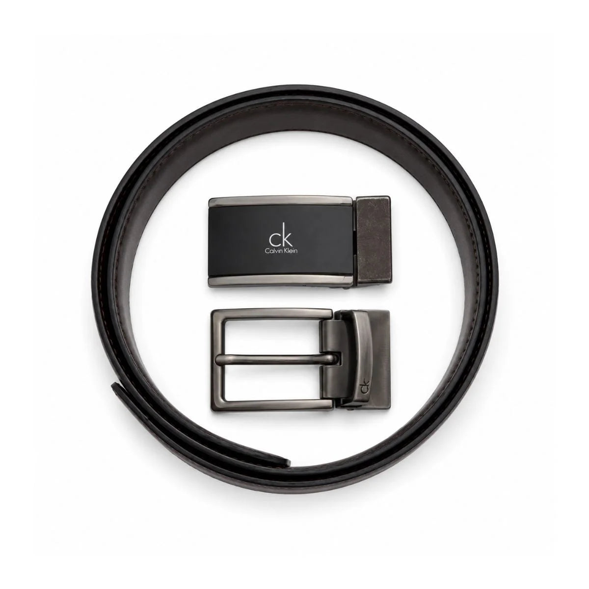 Calvin Klein 2 Buckles Double Face Leather Belt Men - BLKBRN