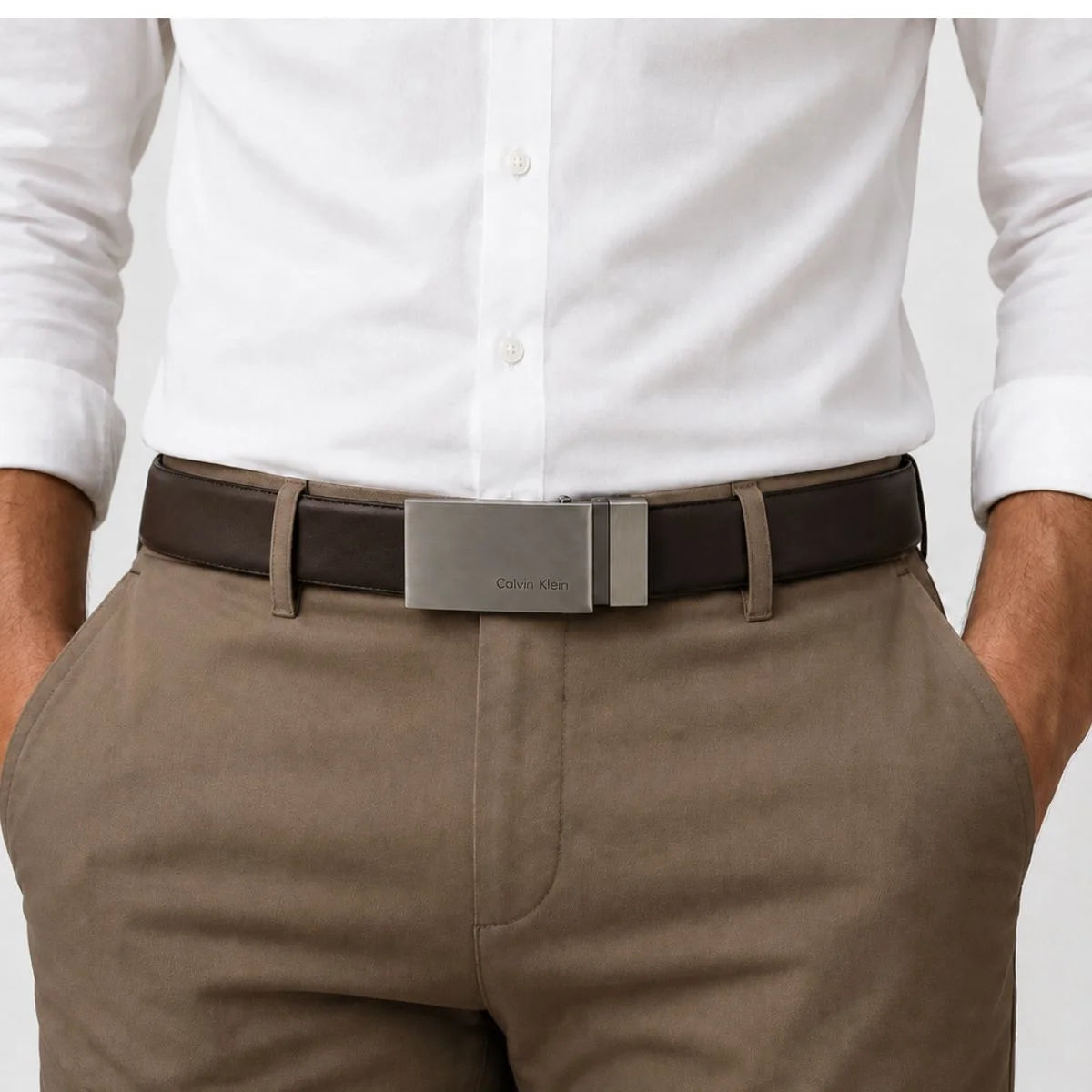 Calvin Klein 2 Buckles Double Face Leather Belt Men - BLKBRN