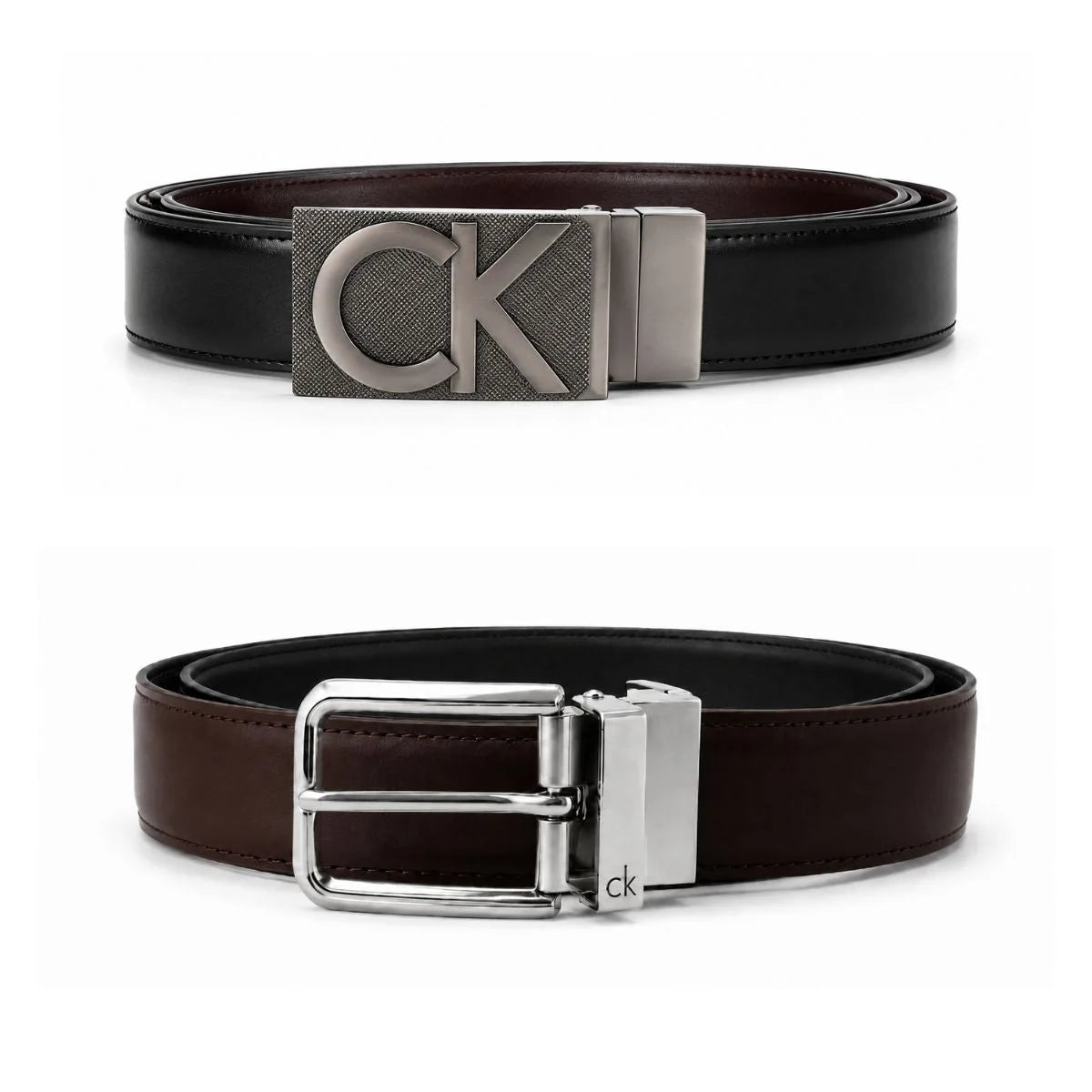 Calvin Klein 2 Buckles Double Face Leather Belt Men - BLKBRN