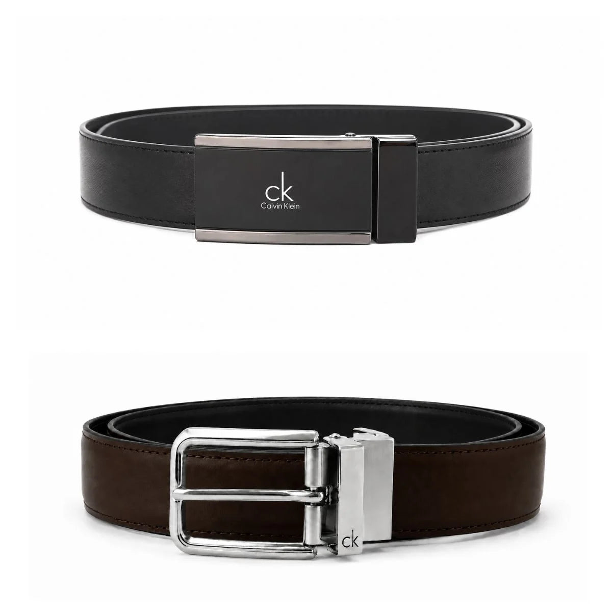 Calvin Klein 2 Buckles Double Face Leather Belt Men - BLKBRN