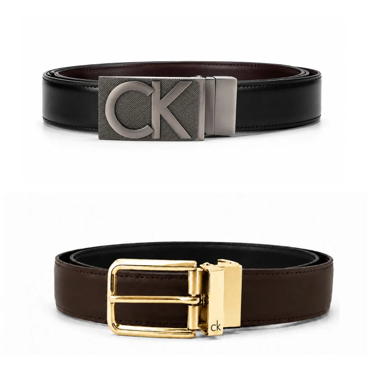 Calvin Klein 2 Buckles Double Face Leather Belt Men - BLKBRN