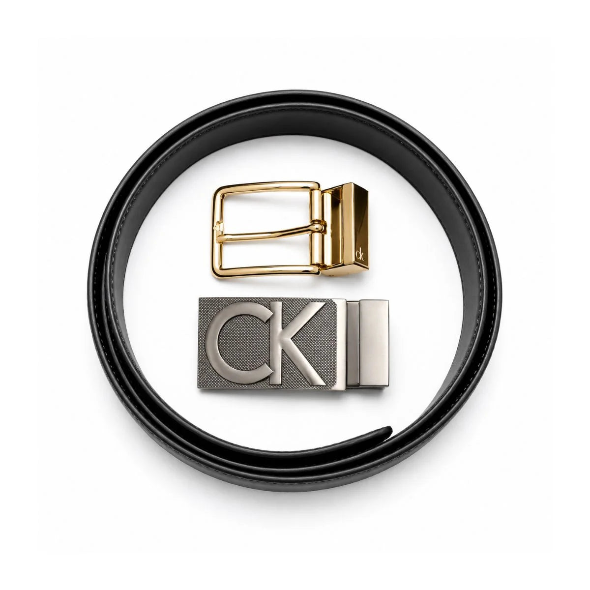 Calvin Klein 2 Buckles Double Face Leather Belt Men - BLKBRN