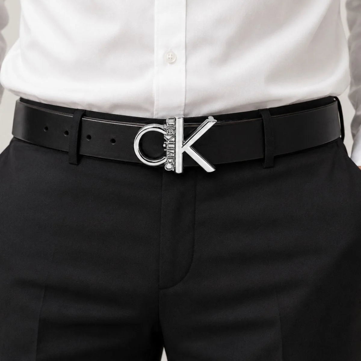 Calvin Klein 2 Buckles Double Face Leather Belt Men - BLKBRN