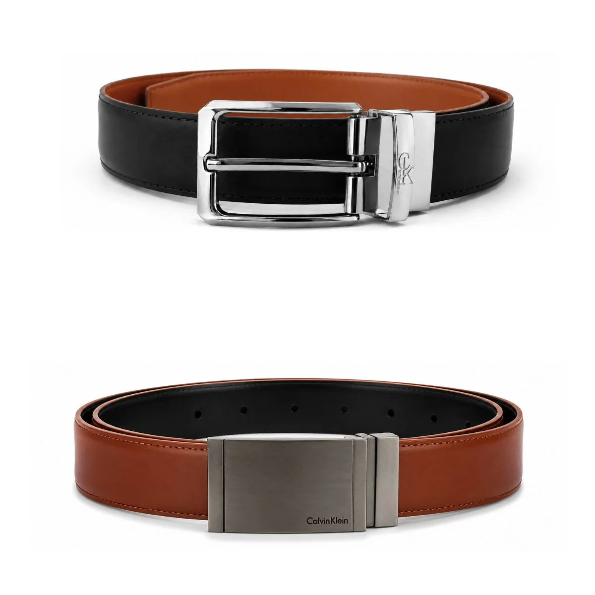 Calvin Klein 2 Buckles Double Face Leather Belt Men - BLKBRN