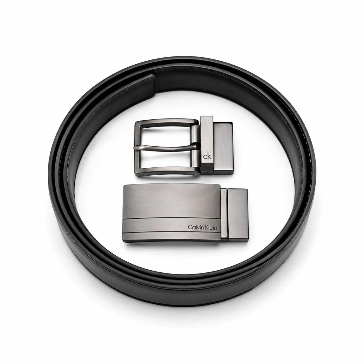 Calvin Klein 2 Buckles Double Face Leather Belt Men - BLKBRN
