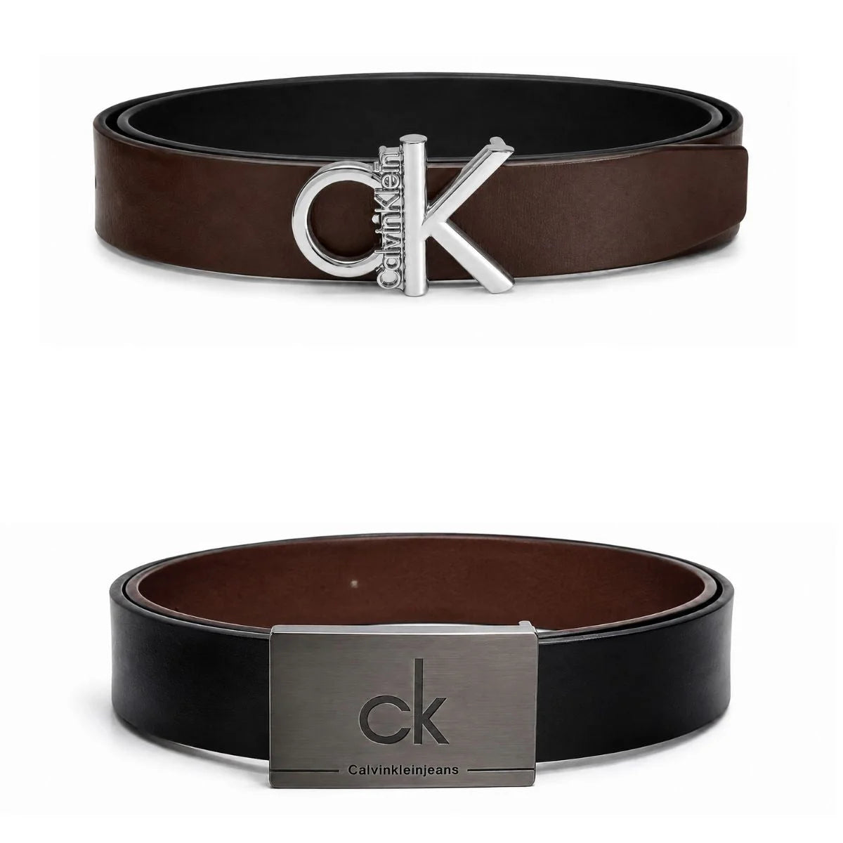Calvin Klein 2 Buckles Double Face Leather Belt Men - BLKBRN