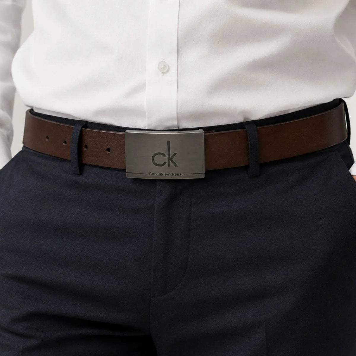 Calvin Klein 2 Buckles Double Face Leather Belt Men - BLKBRN