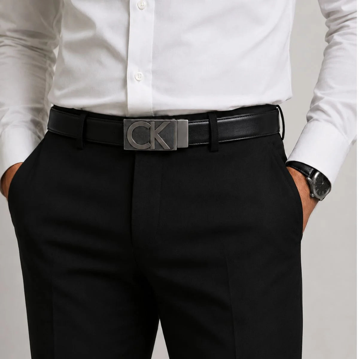 Calvin Klein 2 Buckles Double Face Leather Belt Men - BLKBRN