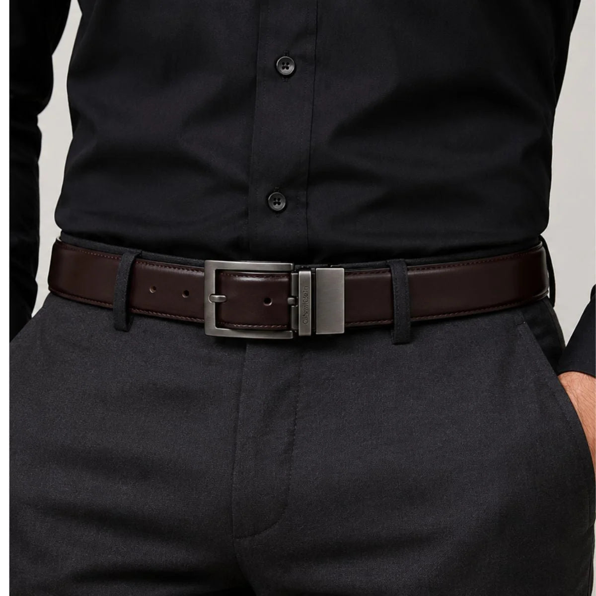 Calvin Klein 2 Buckles Double Face Leather Belt Men - BLKBRN