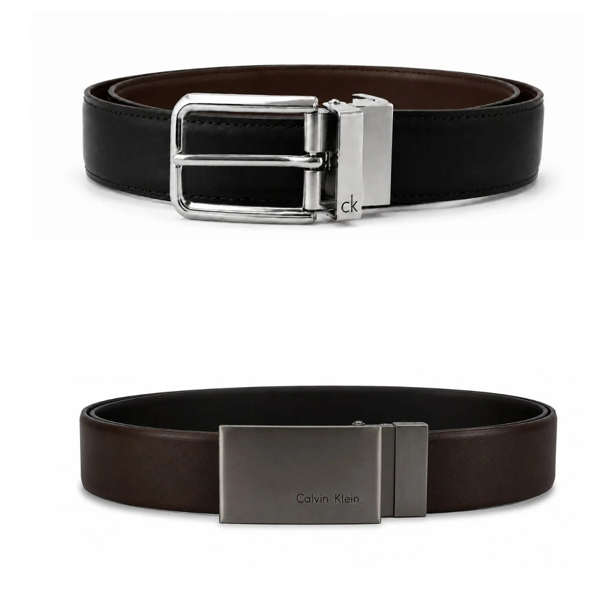 Calvin Klein 2 Buckles Double Face Leather Belt Men - BLKBRN