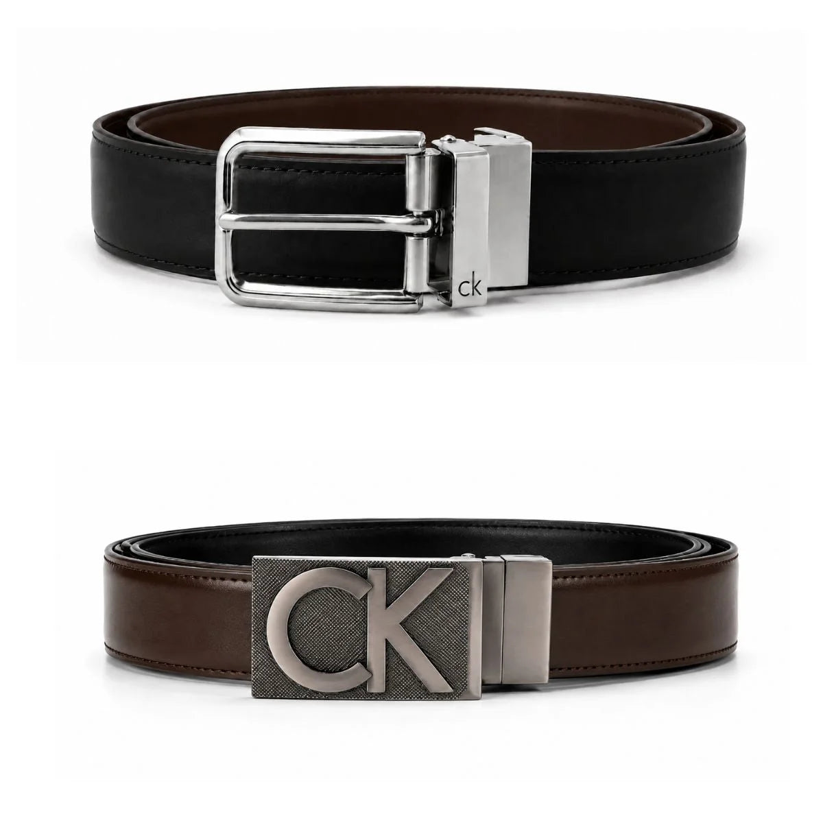 Calvin Klein 2 Buckles Double Face Leather Belt Men - BLKBRN - Black- Brown / 110 CM