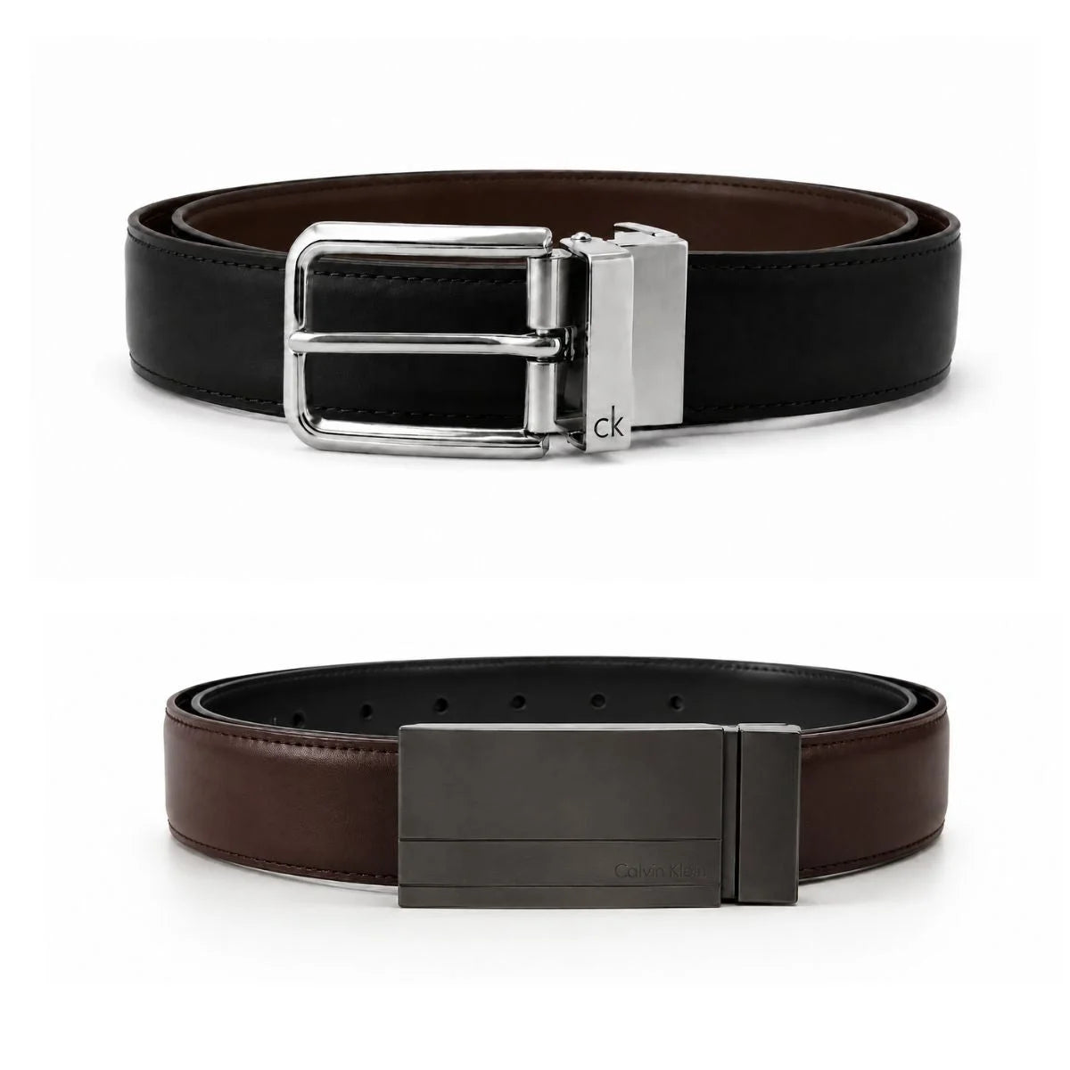 Calvin Klein 2 Buckles Double Face Leather Belt Men - BLKBRN - Black- Brown / 110 CM